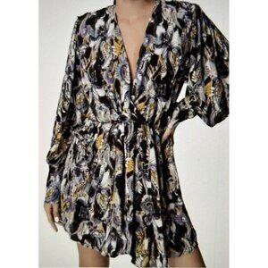 IRO Damie Dress Long Sleeve Faux Wrap Front Drape Mini Black/Purple Silk Sz 38/6